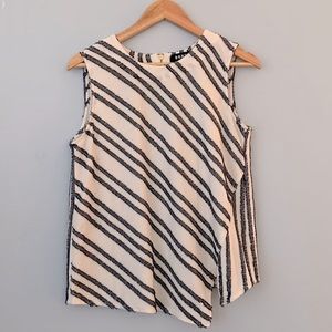 DKNY • Off White Asymmetrical Sleeveless Navy Fringed Striped Top Size Medium